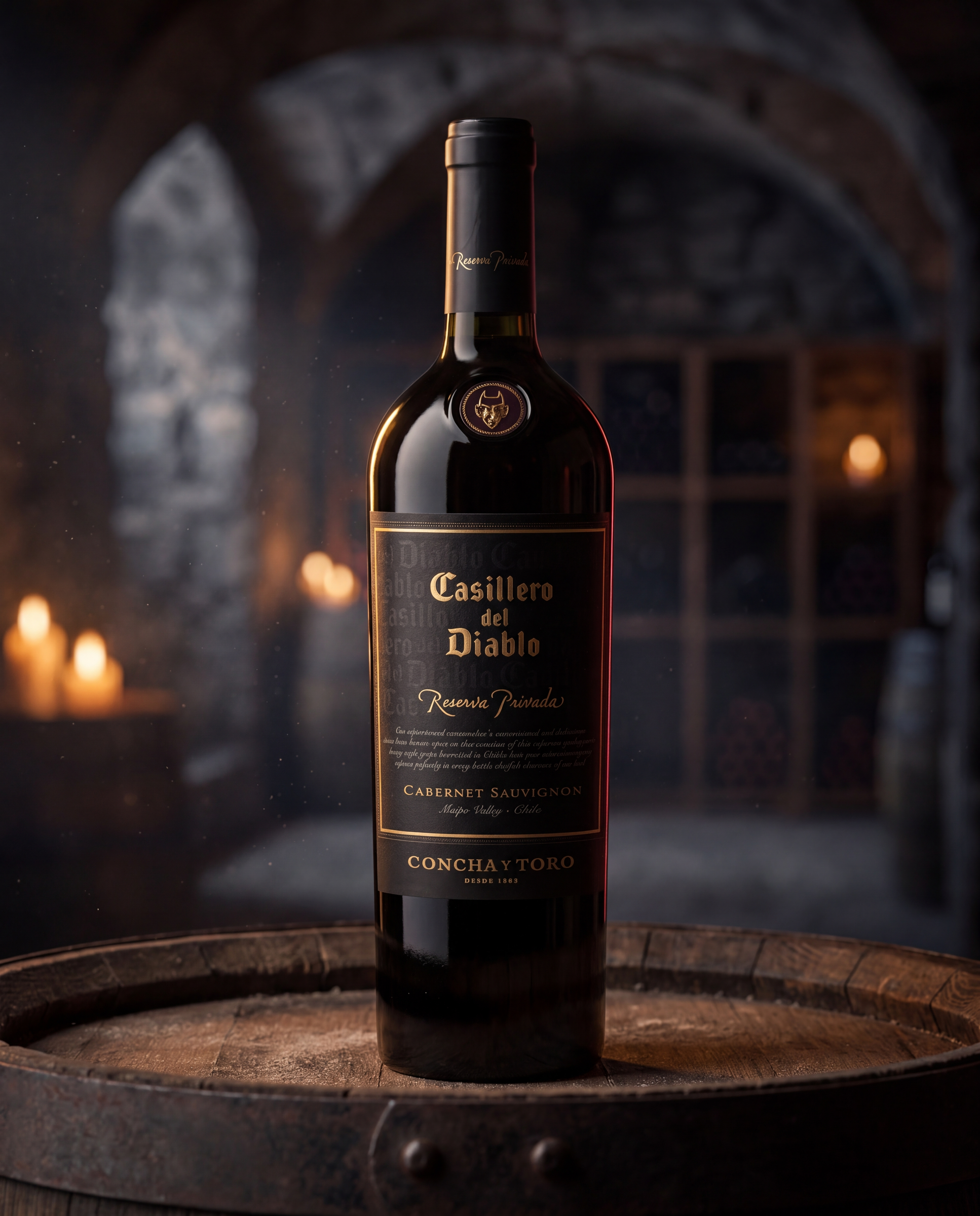 Casillero del Diablo Reserva Privada en bodega con candelabros y barrica de roble